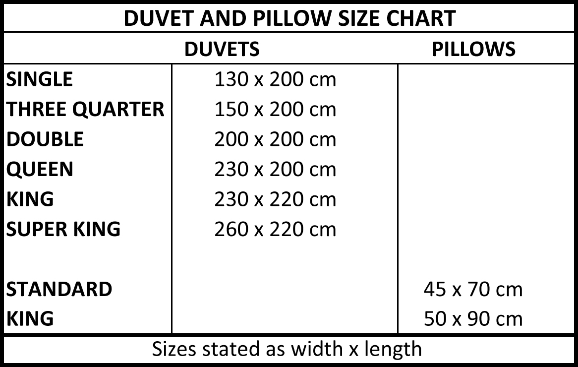 Pillow Size chart