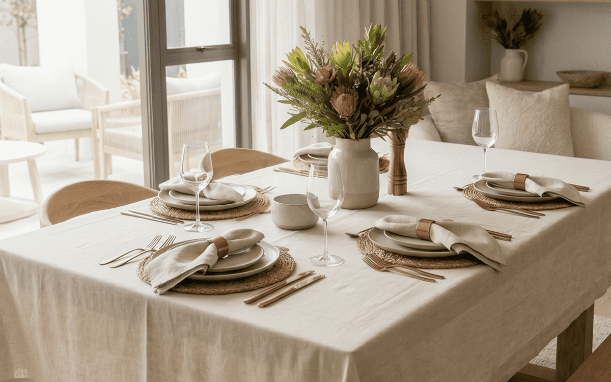 Linen tablecloth on a set dining table, made in Paarl, South Africa by Linen Drawer
